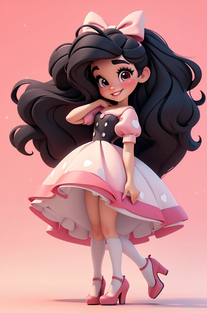 3d illustration, pixar style, cute chibi, baby girl ariana grande, black hair, long hair, red bow in hair, dress red with black with white dots, bright eyes, big eyelash, pink cheeks, happy, smiling, glitter, white socks, red high heels shoes, exuberant, fantastic, cute pose, wonderful, white background, clean solid background, hq, 8k, masterpiece
