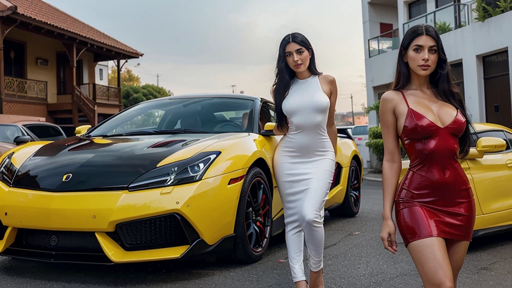 Turkish girl, 30 years old. Tall figure, beautiful face, dark eyes, high nose, plump lips, bright smile, long black hair. smooth white skin. wearing a tight red dress. standing and posing in front of the yellow lambogini supercar. Realistic images, clear details, realistic and vivid color schemes.