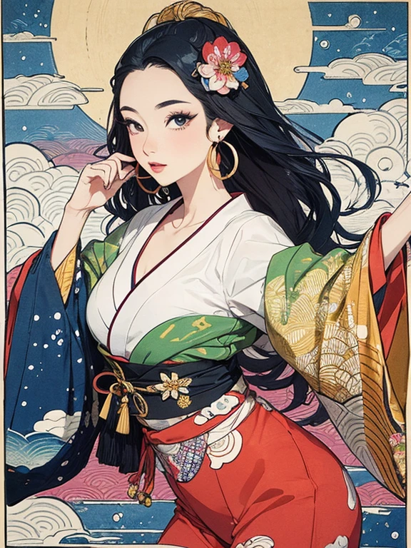 (masterpiece, Highest quality,High resolution, Official Art), (One girl), (Fractal Art:1.1),Bright and vivid color patterns in Japanese clothing、Traditional Japanese patterned fabric, (Dynamic pose),(Shiny skin), (Many colors:1.4), ,(Earrings:1.4),( Ukiyo-e background,moon,flower,cloud )