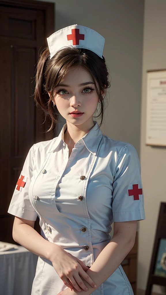 masterpiece, best quality, 1girl, solo, standing, holding deagle, deagle, terrarianurse, green eyes, earrings, nurse cap, nurse, ImAHealerButMeme,