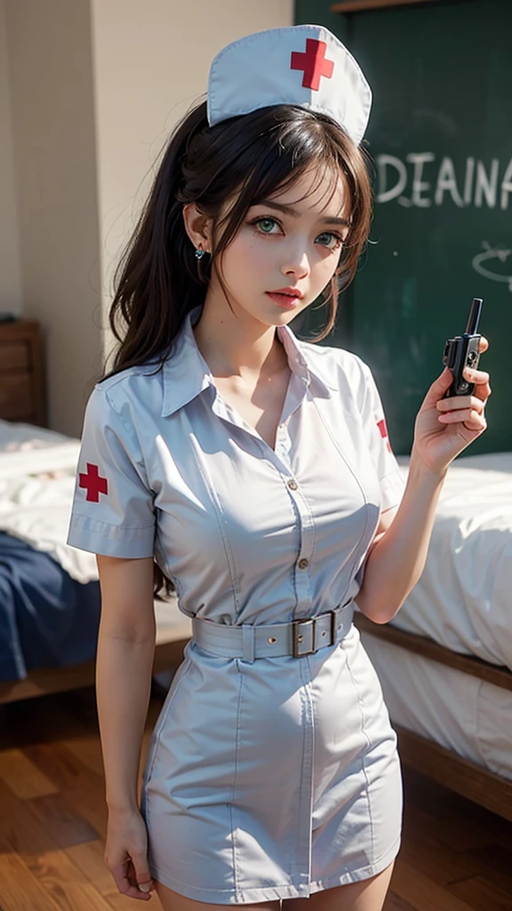 masterpiece, best quality, 1girl, solo, standing, holding deagle, deagle, terrarianurse, green eyes, earrings, nurse cap, nurse, ImAHealerButMeme,