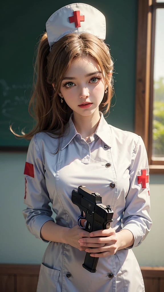 masterpiece, best quality, 1girl, solo, standing, holding deagle, deagle, terrarianurse, green eyes, earrings, nurse cap, nurse, ImAHealerButMeme,