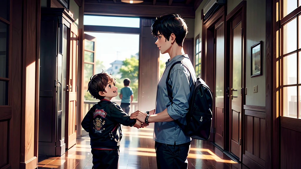 score_9,score_8_superior,(((Highest quality、Masterpiece、Official Art、The best dynamic composition、Super detailed)))、(((Single Mother)))、(((28Year-old mother and 6--old )))、A mother watches her son walk to school alone, wearing a black backpack.、Heartwarming、A gentle smile、A sparkling world、Gentle sunlight、Focus on the face、