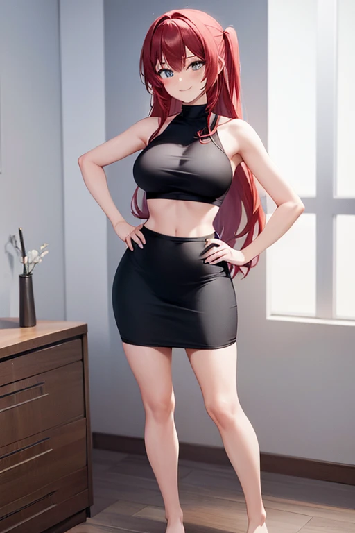 1girl, woman wearing bra and tight midi pencil skirt black, midriff, long length pencil skirt, long red hair, looking at viewer, full body, smile, blush, large bust, bedroom, barefoot, hand on hip