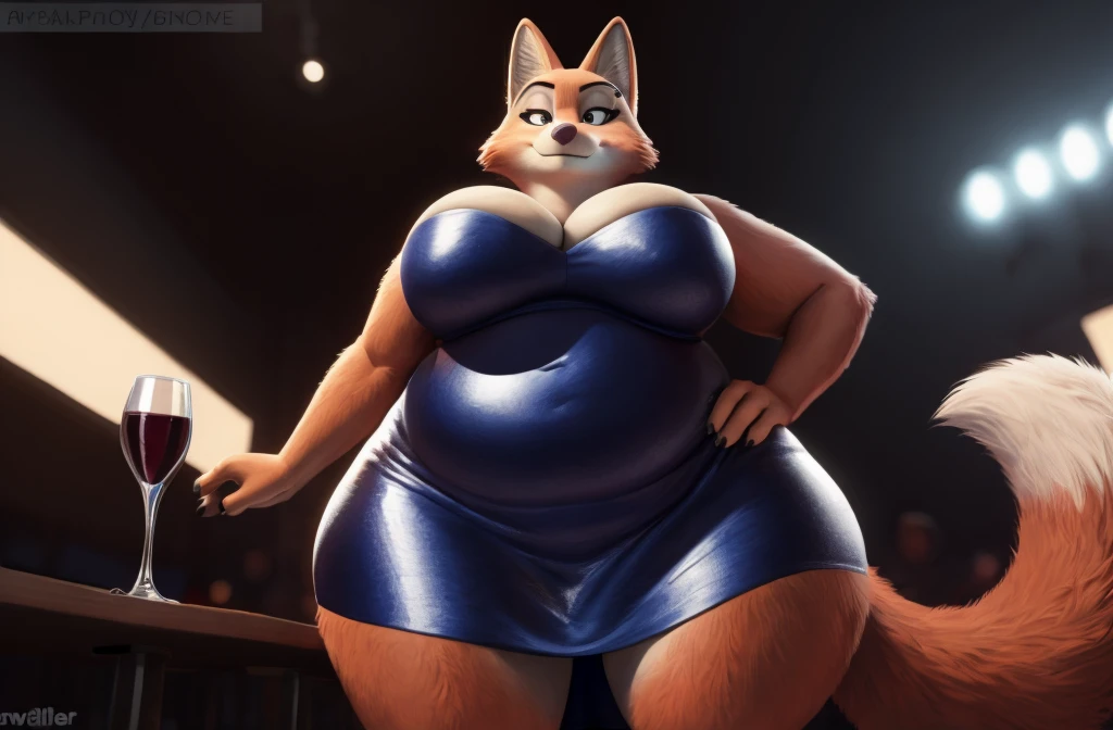 [Diane Foxington], very obese, super blob, [Loaded for e621.liquid; (red fox), (Pixelsketcher), (W4G4)], [Sent to the .featuring; (@until)], ((obra de until)), ((High definition)), ((high qualiy)), ((alone portrait)) ((from front view)), ((velues; antropo red fox girl)), ((skin detailed)), ((detailed shading)), ((beautiful rendering art)), {antropo red fox; orange fur, pink nose, cauda de red fox, (lindo gradiente verde featuring olhos semicerrados)}, {(black tube top), (black pencil skirt), (Gray heels), (eye piercing; Left eye)}, {(curving), (Attractive posing)}, [fund; (club), (dark lighting), (wine glass)], curved, very fat, (Broad Hips:1.3), coxas enormes, thick and soft, ssbbw, braços very fats e flácidos, realistic lighting, high détail, qualidade hd, face detailed, realistic shading, fat rolls, huge size, gigantic huge breasts overflowing with fat, huge cleavage, heavy, plus size, everything is fat, soft texture, cute large eyes, semi-realistic, dynamic angle, pattern clothes, super obese, pasty body