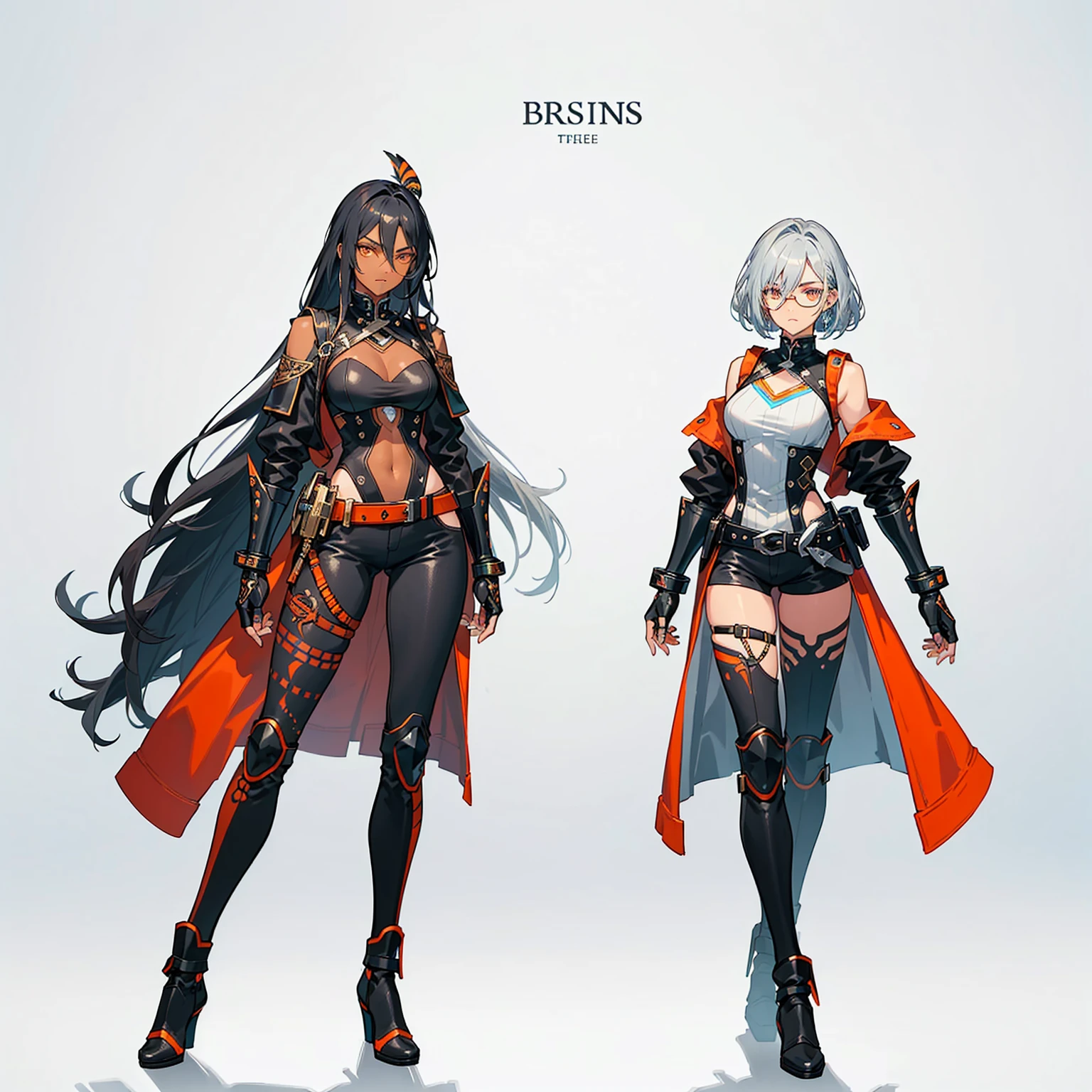 (((three characters))), female, (((dark skin)))), Black hair with ponytail, Light blue eyes, Round glasses with small dark lenses, This lens is orange, and Light Blue frame, ( ((Black metallic gauntlets and greaves with orange and silver details)), (((The clothes have a mix of modern and tribal)))), Having mainly black color, but having pieces of orange, Bare shoulders, On the hips , pants extending to mid-thigh in black.