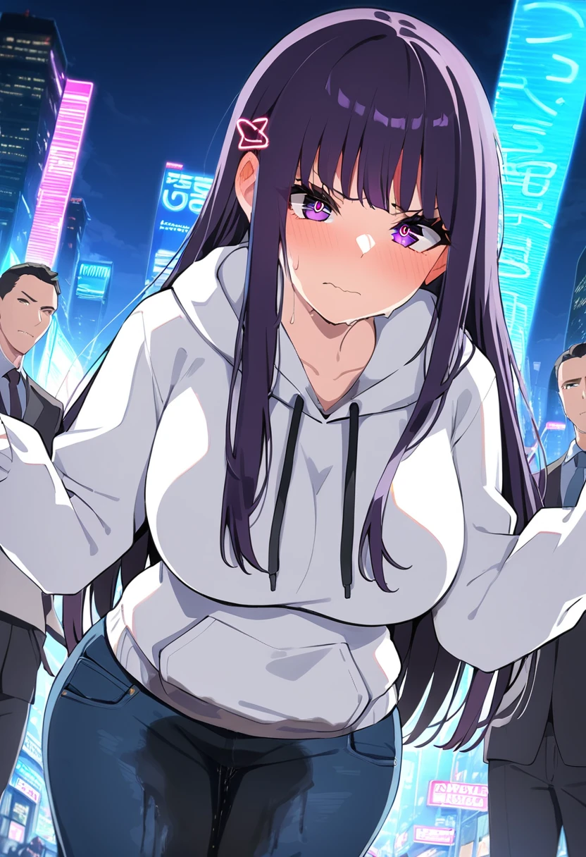 (masterpiece:1.37), best quality, (extremely detailed:1.37), (1girl:1.5), woman, (mature:1.5), (adult:1.5), large breasts, very long hair, (straight hair:1.5), (very dark purple hair:1.5), purple eyes, (extremely detailed eyes:1.37), hoodie, jeans, desperation, (wetting self:1.5), standing, embarrassed, humiliation, blushing, angry, city, futuristic, neon lighting, high-tech, street, skyscraper