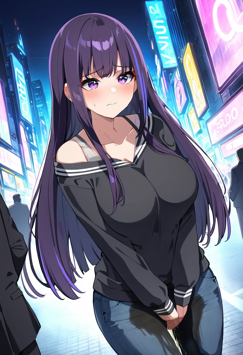 (masterpiece:1.37), best quality, (extremely detailed:1.37), (1girl:1.5), woman, (mature:1.5), (adult:1.5), large breasts, very long hair, (straight hair:1.5), (very dark purple hair:1.5), purple eyes, (extremely detailed eyes:1.37), hoodie, jeans, desperation, (wetting self:1.5), standing, embarrassed, humiliation, blushing, angry, city, futuristic, neon lighting, high-tech, street, skyscraper