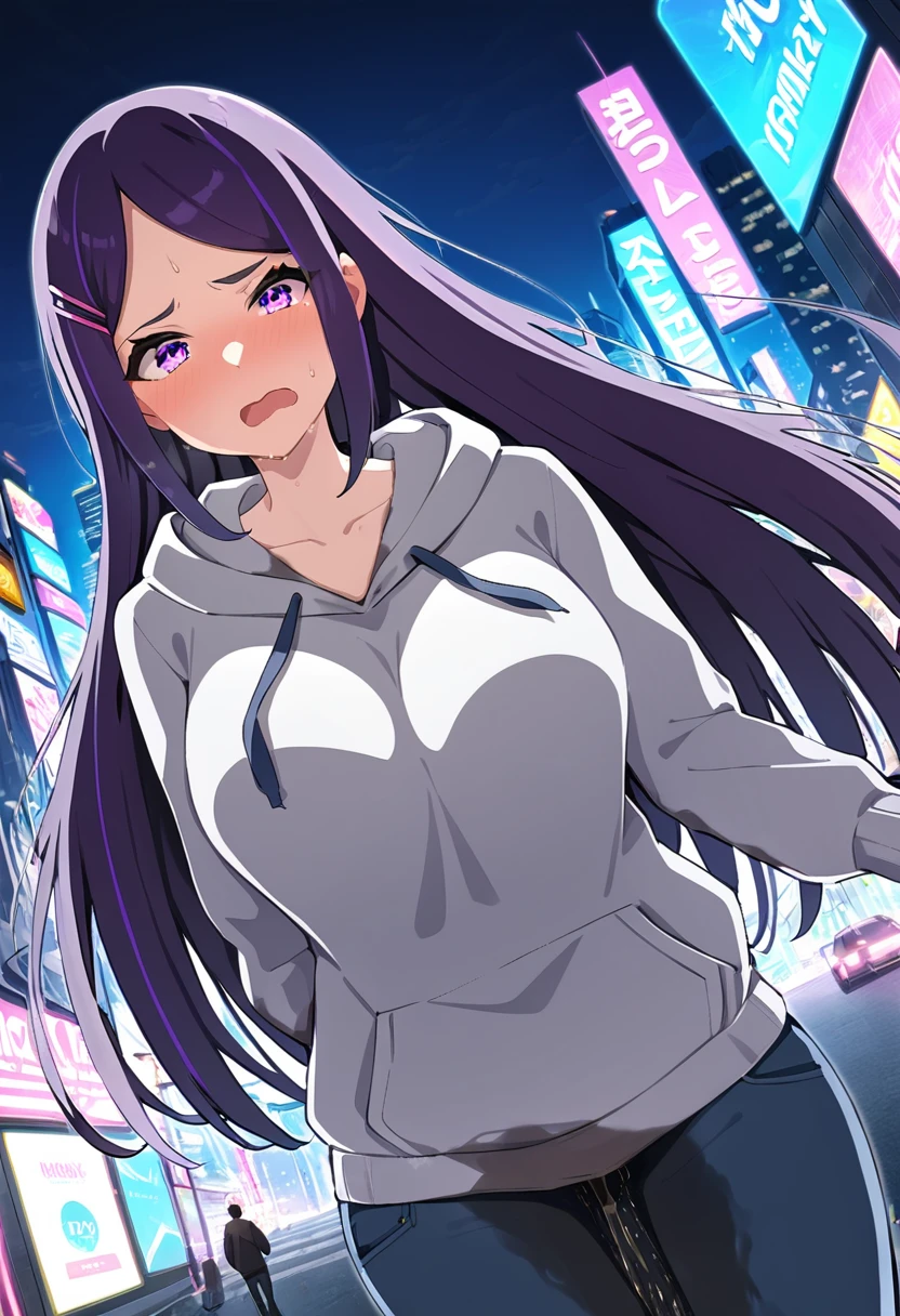 (masterpiece:1.37), best quality, (extremely detailed:1.37), (1girl:1.5), woman, (mature:1.5), (adult:1.5), large breasts, very long hair, (straight hair:1.5), (very dark purple hair:1.5), purple eyes, (extremely detailed eyes:1.37), hoodie, jeans, desperation, (wetting self:1.5), standing, embarrassed, humiliation, blushing, angry, city, futuristic, neon lighting, high-tech, street, skyscraper