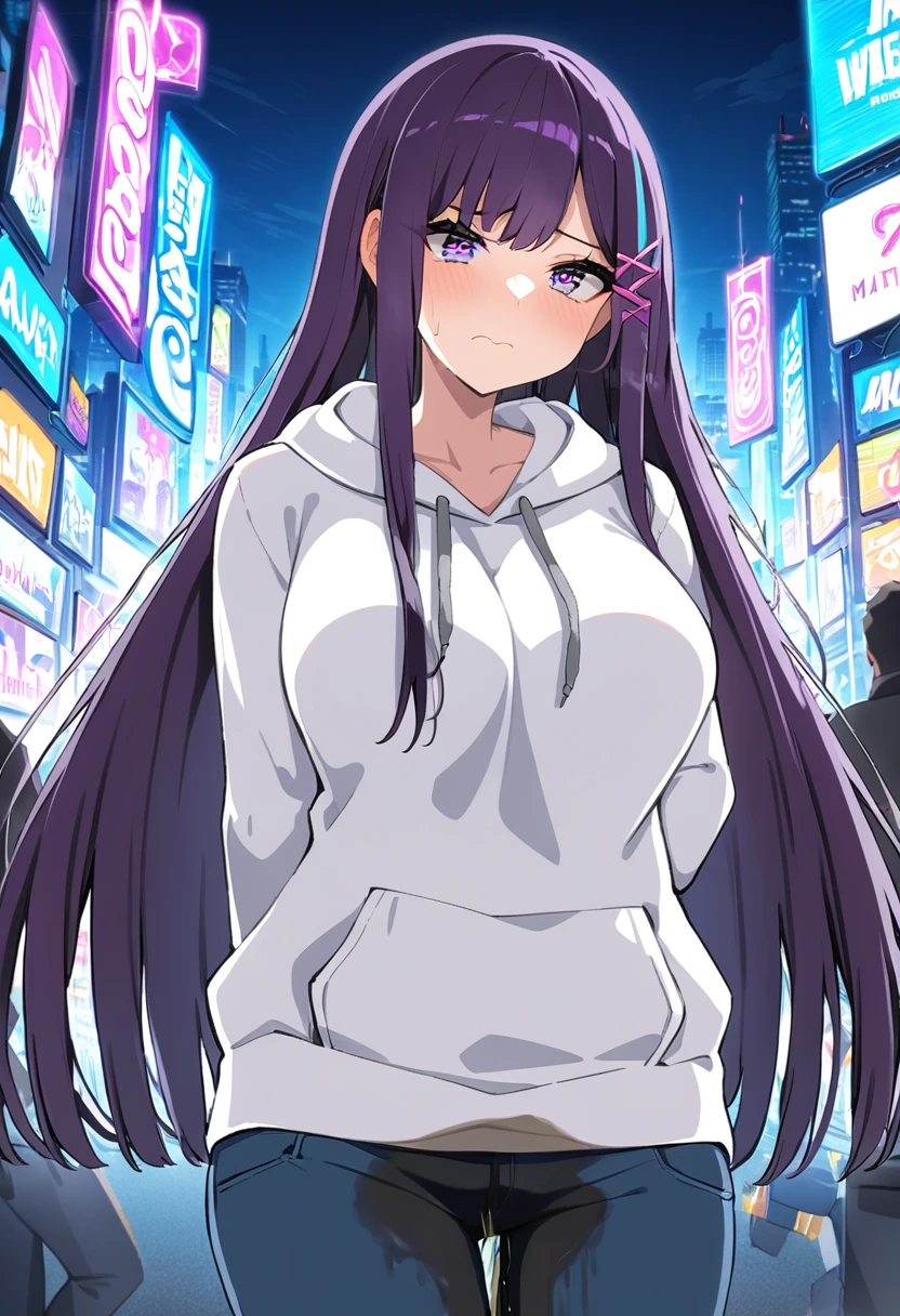(masterpiece:1.37), best quality, (extremely detailed:1.37), (1girl:1.5), woman, (:1.5), (adult:1.5), large breast long hair, (straight hair:1.5), (very dark purple hair:1.5), purple eyes, (extremely detailed eyes:1.37), hoodie, jeans, desperation, (wetting self:1.5), standing, embarrassed, humiliation, blushing, angry, city, futuristic, neon lighting, high-tech, street, skyscraper