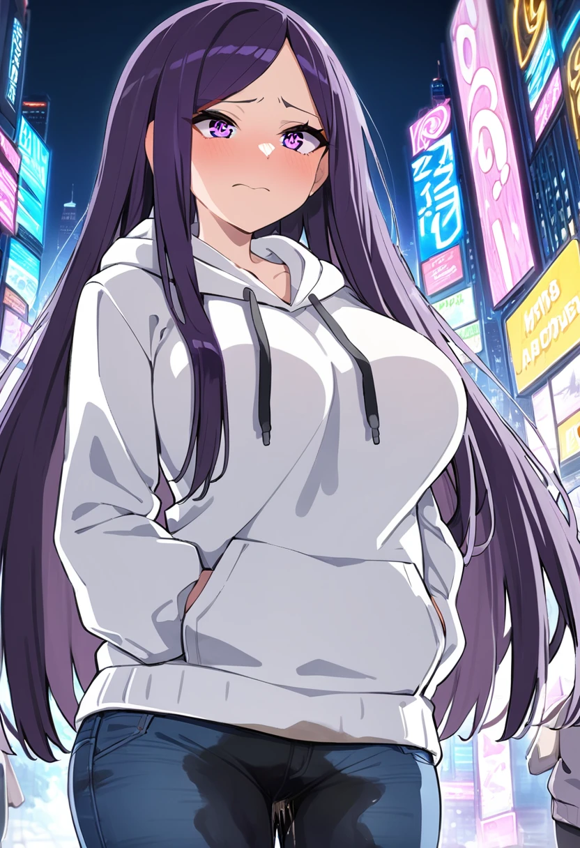 (masterpiece:1.37), best quality, (extremely detailed:1.37), (1girl:1.5), woman, (mature:1.5), (adult:1.5), large breasts, very long hair, (straight hair:1.5), (very dark purple hair:1.5), purple eyes, (extremely detailed eyes:1.37), hoodie, jeans, desperation, (wetting self:1.5), standing, embarrassed, humiliation, blushing, angry, city, futuristic, neon lighting, high-tech, street, skyscraper
