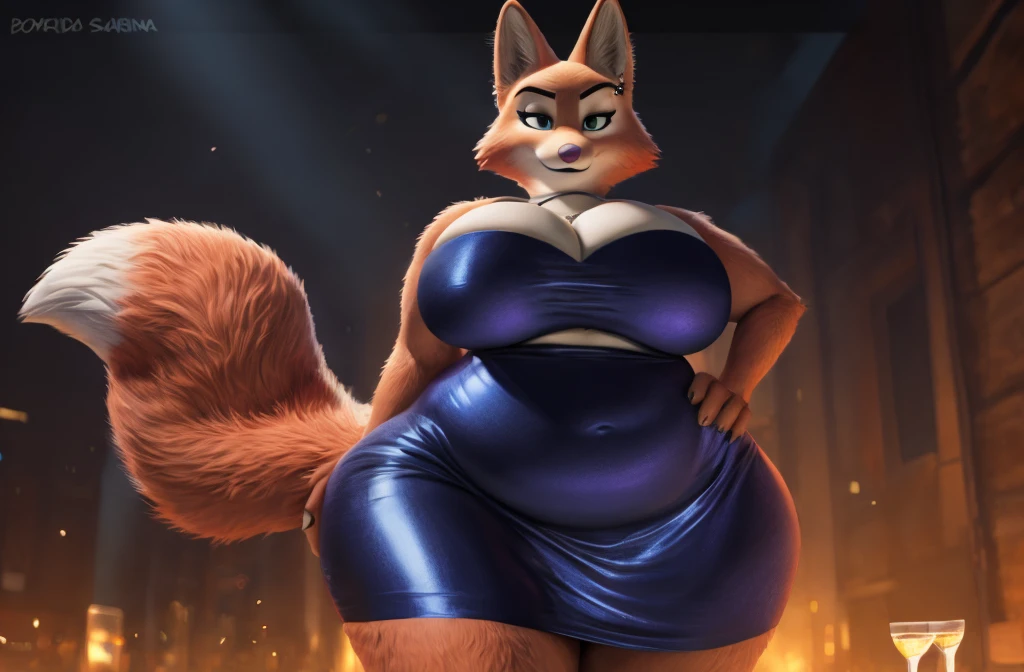 [Diane Foxington], very obese, super blob, [Loaded for e621.liquid; (red fox), (Pixelsketcher), (W4G4)], [Sent to the .featuring; (@until)], ((obra de until)), ((High definition)), ((high qualiy)), ((alone portrait)) ((from front view)), ((velues; antropo red fox girl)), ((skin detailed)), ((detailed shading)), ((beautiful rendering art)), {antropo red fox; orange fur, pink nose, cauda de red fox, (lindo gradiente verde featuring olhos semicerrados)}, {(black tube top), (black pencil skirt), (Gray heels), (eye piercing; Left eye)}, {(curving), (Attractive posing)}, [fund; (club), (dark lighting), (wine glass)], curved, very fat, (Broad Hips:1.3), coxas enormes, thick and soft, ssbbw, braços very fats e flácidos, realistic lighting, high détail, qualidade hd, face detailed, realistic shading, fat rolls, huge size, gigantic huge breasts overflowing with fat, huge cleavage, heavy, plus size, everything is fat, soft texture, cute large eyes, semi-realistic, dynamic angle, pattern clothes, super obese, pasty body