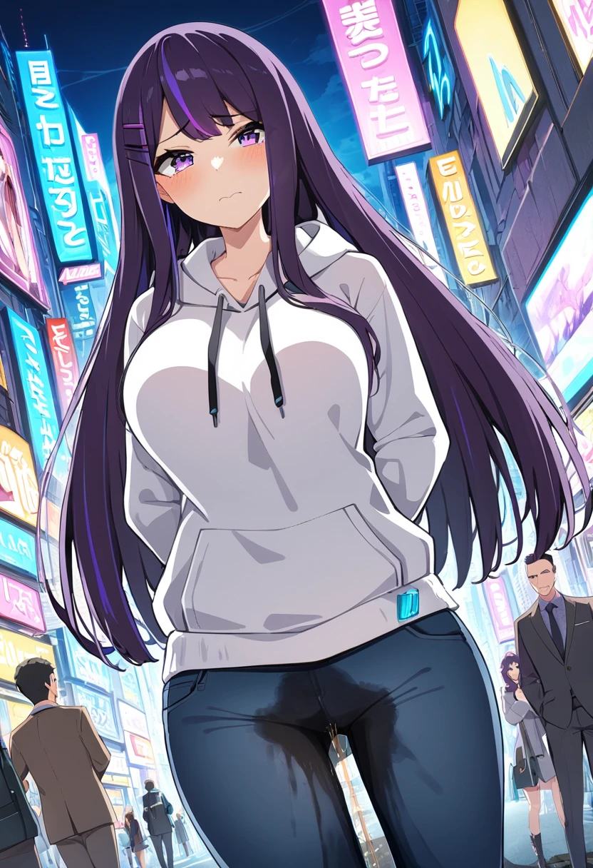 (masterpiece:1.37), best quality, (extremely detailed:1.37), (1girl:1.5), woman, (mature:1.5), (adult:1.5), large breasts, very long hair, (straight hair:1.5), (very dark purple hair:1.5), purple eyes, (extremely detailed eyes:1.37), hoodie, jeans, desperation, (wetting self:1.5), standing, embarrassed, humiliation, blushing, angry, city, futuristic, neon lighting, high-tech, street, skyscraper