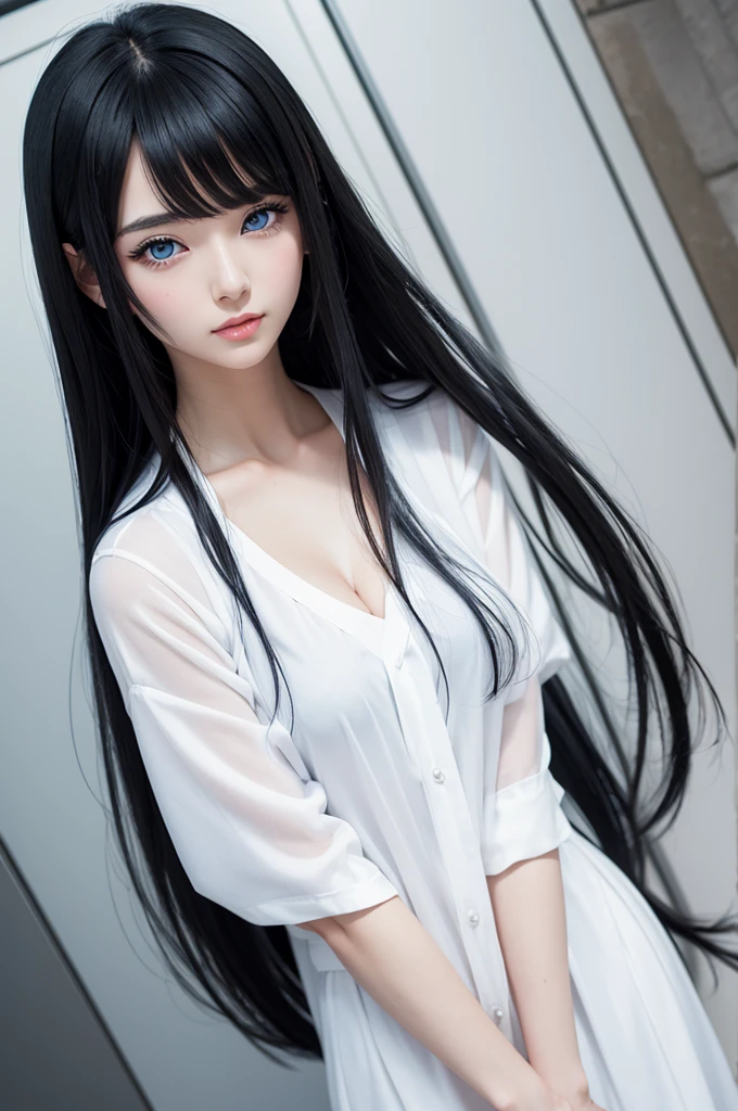 an anime woman with black hair blue eyes and white clothes