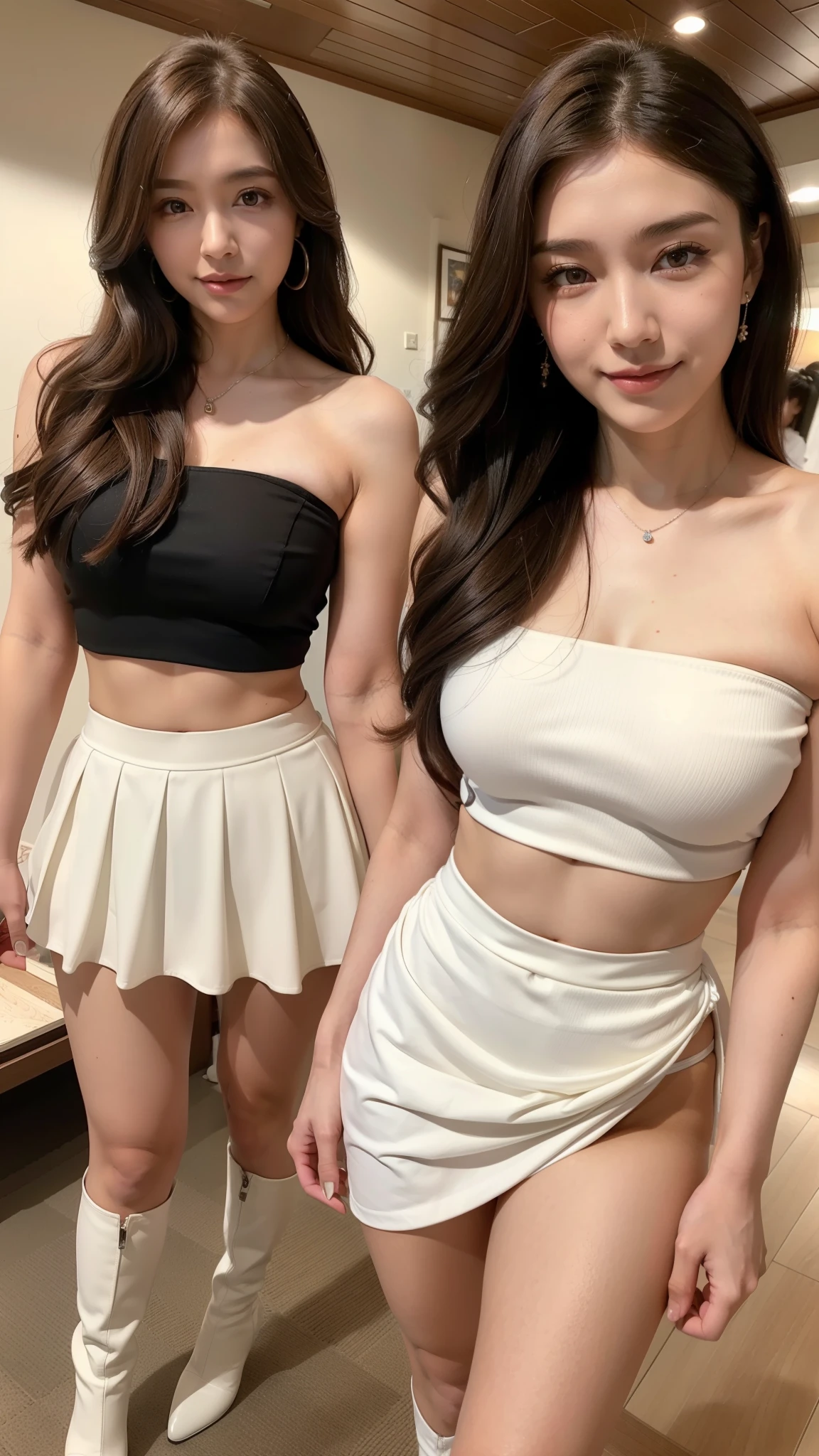 （Brown layered wavy hair）,Heavy makeup、(18 year old,two females,Japanese):1.2、8K, Seductive smile,tall：1.4、a small face、Nikon Z 85mm, ((Best Quality)) ,((masterpiece)), intricate detailes, Professional, Realistic, Photorealistic、 ((Strapless,Baretop midriff,Sexy mini skirt))：1.2、（Walking in the park）:1.2, large earring、（White Stretch knee boots with high stiletto heels、Pointed toe）：1.2、Full body shot