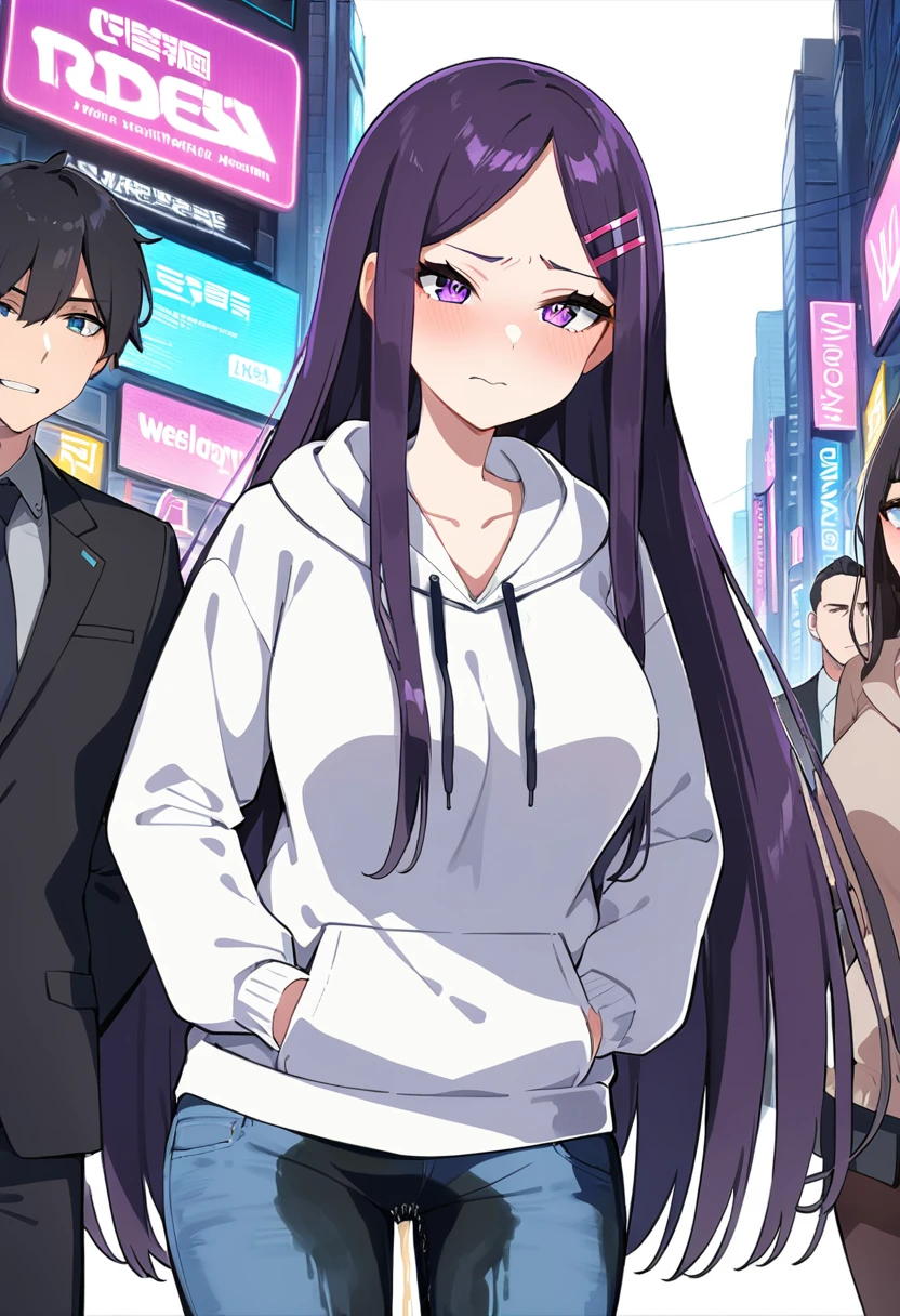 (masterpiece:1.37), best quality, (extremely detailed:1.37), (1girl:1.5), woman, (mature:1.5), (adult:1.5), large breasts, very long hair, (straight hair:1.5), (very dark purple hair:1.5), purple eyes, (extremely detailed eyes:1.37), hoodie, jeans, desperation, (wetting self:1.5), standing, embarrassed, humiliation, blushing, angry, city, futuristic, neon lighting, high-tech, street, skyscraper