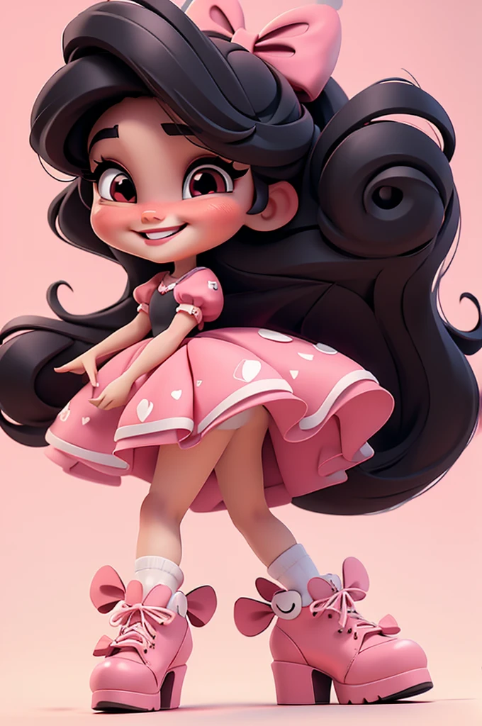 3d illustration, pixar style, cute chibi,  ariana grande, black hair, long hair, red bow in hair, dress red with black with white dots, bright eyes, big eyelash, pink cheeks, happy, smiling, glitter, white socks, red high heels shoes, exuberant, fantastic, cute pose, wonderful, white background, clean solid background, hq, 8k, masterpiece
