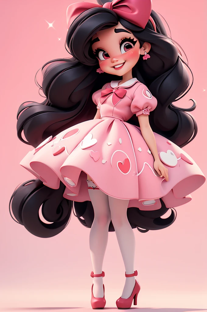 3d illustration, pixar style, cute chibi, baby girl ariana grande, black hair, long hair, red bow in hair, dress red with black with white dots, bright eyes, big eyelash, pink cheeks, happy, smiling, glitter, white socks, red high heels shoes, exuberant, fantastic, cute pose, wonderful, white background, clean solid background, hq, 8k, masterpiece
