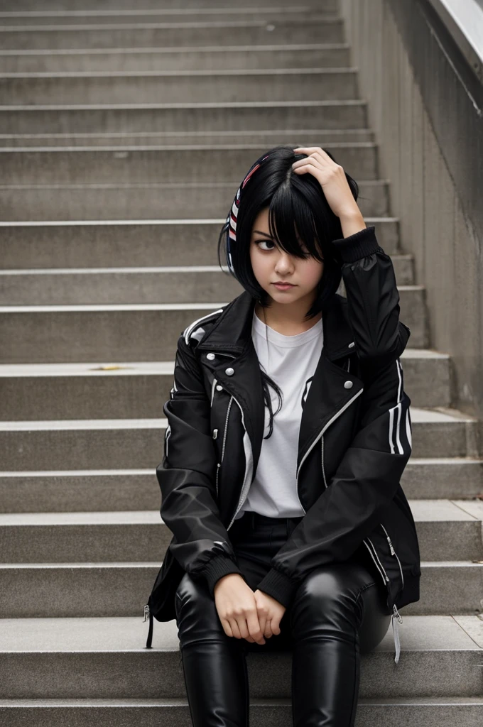 A girl with short dark black hair with a white streak, wearing a black jacket, black pants and boots while shedding tears sitting on some stairs, With an annoyed expression anime style 