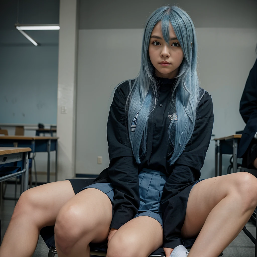 1girl, long light blue hair, dark blue, sit in class, black school modern uniform, anime