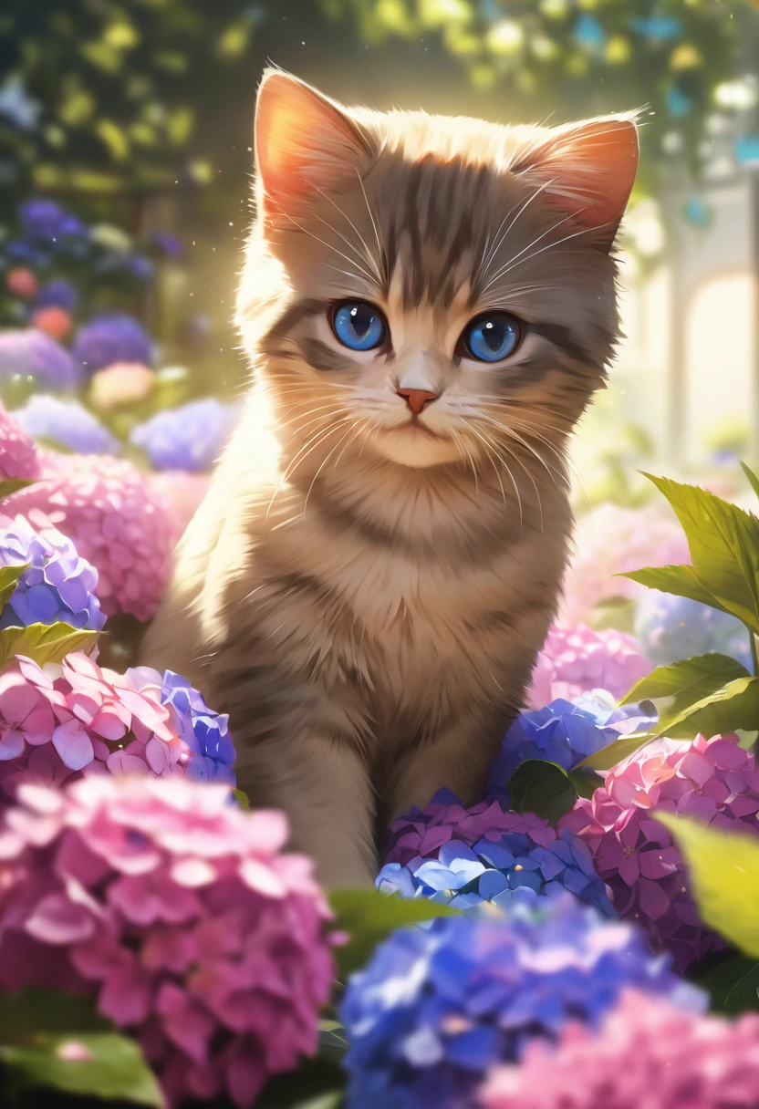 Hydrangea Park, kitten,Blur the background,Glitter effect,Highest quality, 4K, 8K, High resolution, masterpiece:1.2, Very detailed, Realistic:1.37, High resolution, 超High resolution, Ultra-fine painting, Sharp focus, Physically Based Rendering, Very detailedな説明, Professional, Vibrant colors