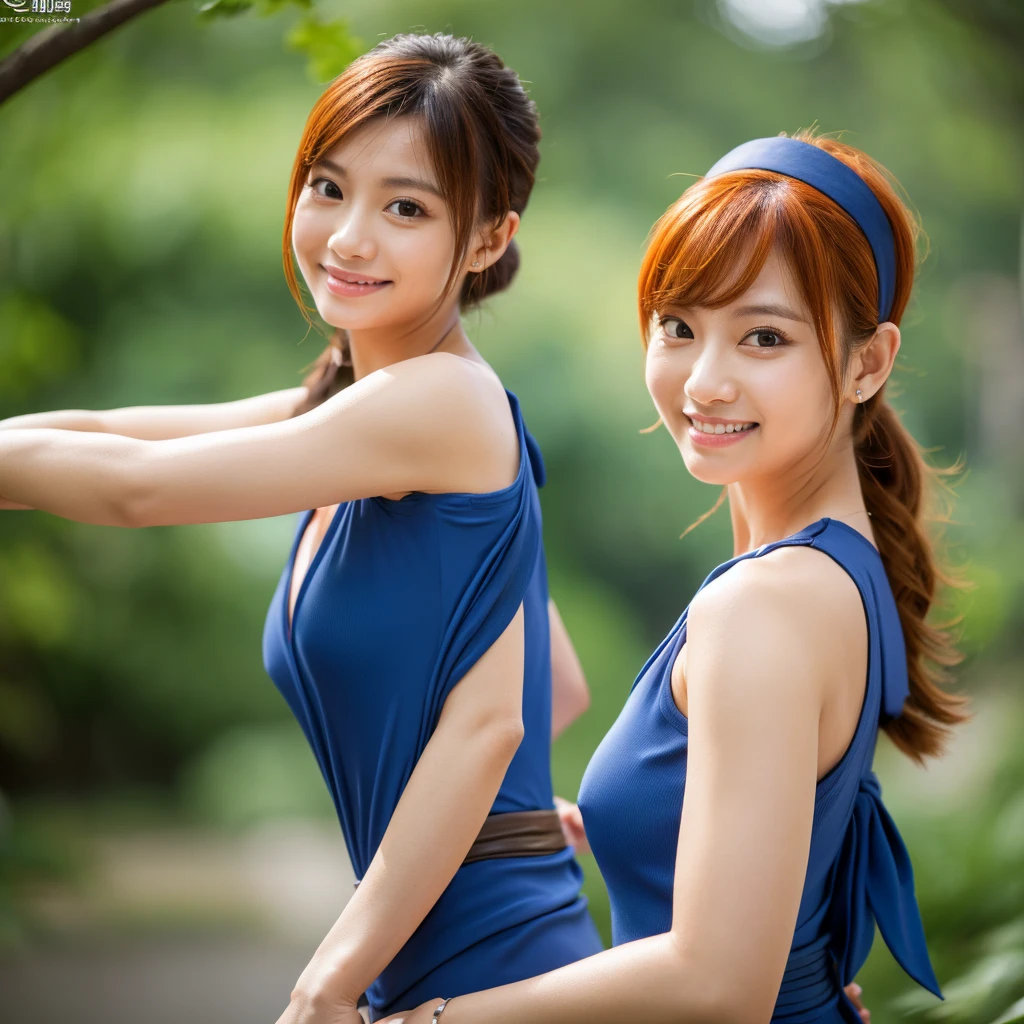masterpiece, best quality, highres, nami (one piece), Indonesian girl,Sweat dripping, long hair, orange hair, low ponytail, hair bow, blue bow, brown eyes, collarbone, ,deep-v, Forward bending pose, sleeveless, bare arms, bracelet, sash, obi, standing, cowboy shot, smile, outdoors,nami (one piece),blue tatto on arms,big breast,milf face,milf body, big ass.