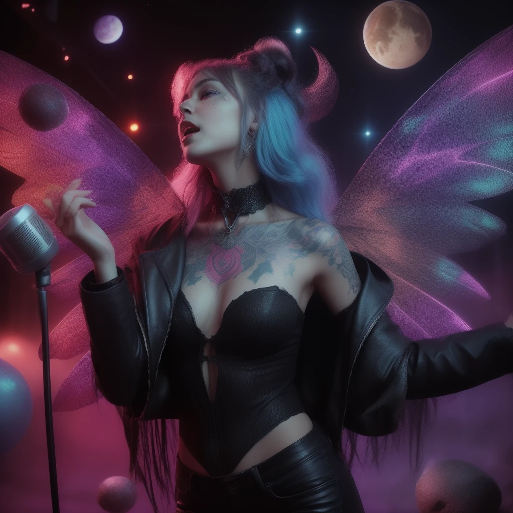“Mumta, with iridescent wings that shimmer like stardust, prowls the neon-lit stages of distant planets. Her voice, a haunting blend of melancholy and rebellion, echoes through asteroid-filled arenas. Dressed in tattered leather and adorned with cosmic tattoos, she belts out lyrics that speak of love lost across galaxies. Fangs peek out from her crimson lips as she croons, captivating both mortals and extraterrestrials alike.” 🌟🎤🌌