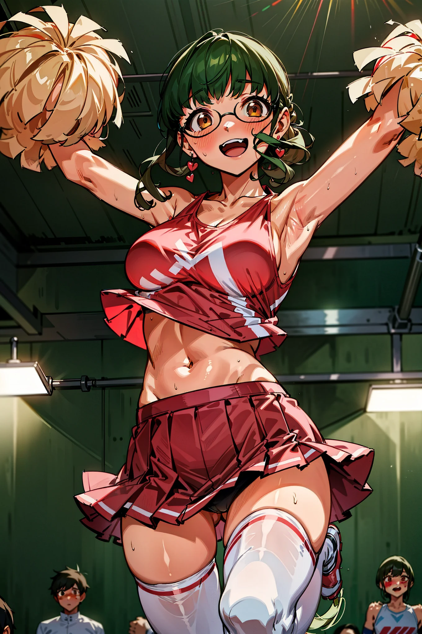 (Masterpiece), Best Quality, ultra-detailed, 1girl ( anosillus II, Slender and sexy body, Big and pretty breasts, naked body, dark green hair, brown eyes), a seductive face, smile, open mouth, solo, nose blush, blush, facing viewer, looking at viewer, cheerleader, red tank_top, navel, red pleats skirt,ultra mini skirt, white thighhighs, , in the ground, jump, jumping, spread arms , Sexy waist teasing , from_below