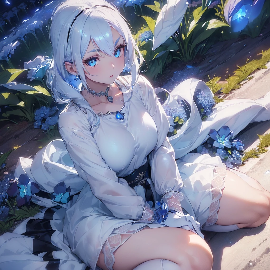 Image ((full body)),realistic 3D anime style,((of a beautiful woman with snow white skin)),((( long iridescent white hair))),(((detailed face, cymetric))), pointed ears,(((s-shaped eyebrows))),((Beautyfull eyes)),((eterocromatic eyes))((One eye blue)) and the ((other eye green)), (((well detailed eyes))),((full lips)), (((body with nice curves))),((( very large breasts))), (((narrow waist))),(((thick thighs) )),((dressed in a long-sleeved blouse, qipao collar)), (((earrings, necklace and bracelets all made of sparkling crystal))),((white gloves with cuff)),((short skirt with sash , decorated with fine intricate details)), ((white ankle boots with lapels and laces, knee length)),(( long stockings up to the middle of the thighs)),(((sitting with legs together on the floor, ((( in a long field full sorrounded by blue glowing flowers))), in a night without moon on a sky full of stars))),((masterpiece)),((high quality)), (( extremely detailed image)), 8k resolution