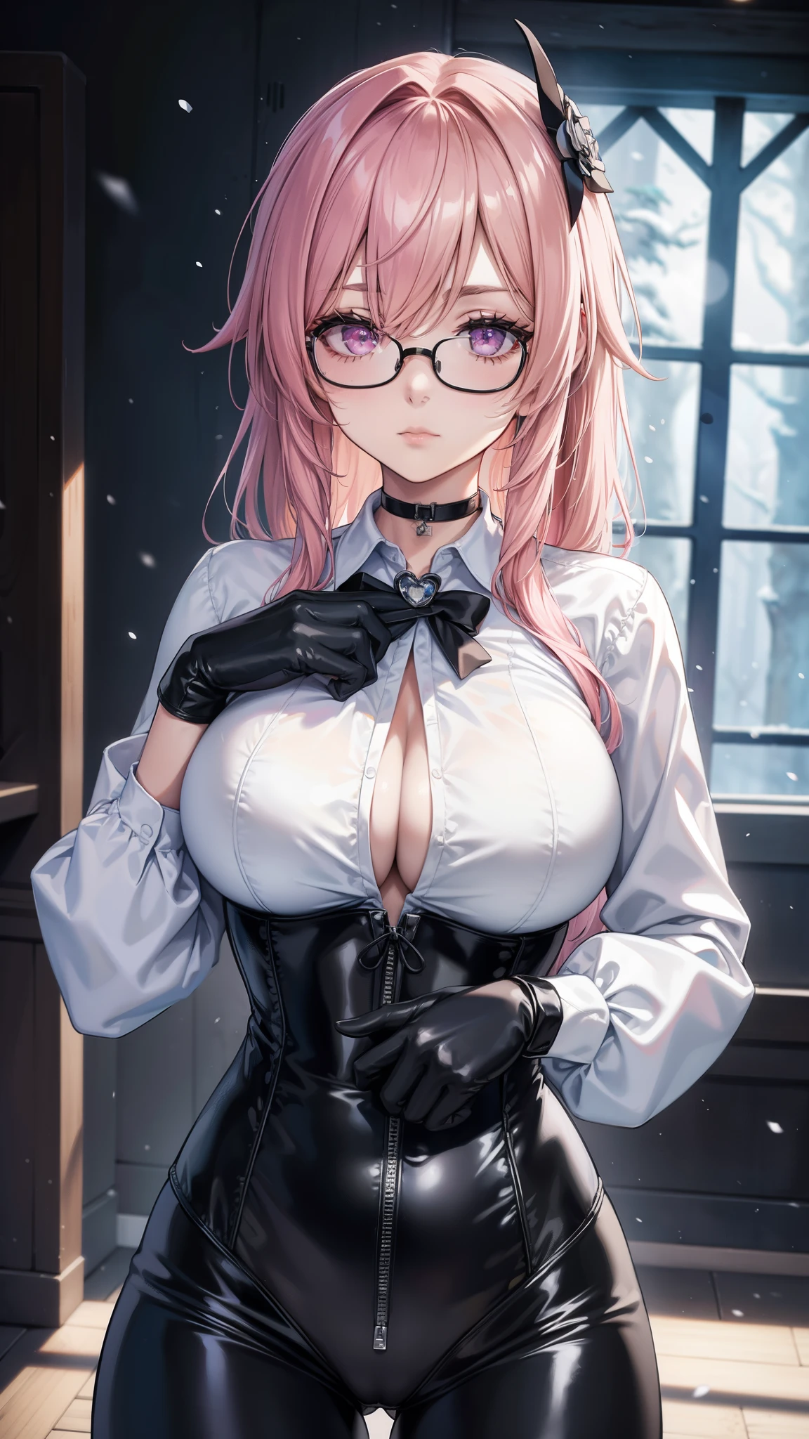 1 girl, Chiori \(genshin impact\), Alone, choker:1.6, White long sleeve shirt with long sleeve collar, black leather corset, black gloves that cover your hands, shiny black leggings, glasses, looking at the viewer,, inside, depth of field, expressionless, show details in the eyes, looking at the viewer, Dark road, Snowy forest, huge breast.