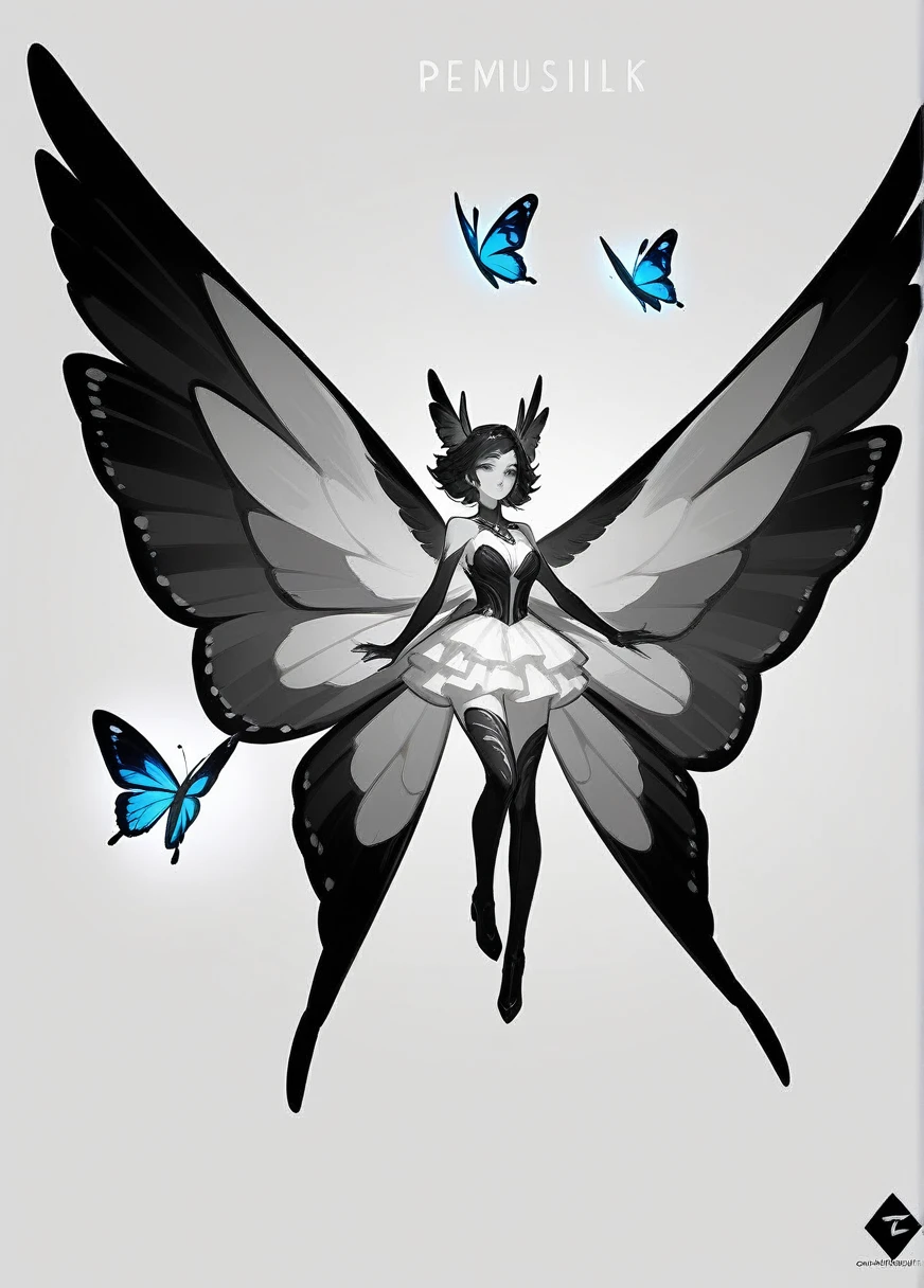 Create an elegant and stylized butterfly logo in black and white. The logo should convey a sense of lightness, grace, and sophistication. The butterfly should have symmetrical and well-defined wings that are large and detailed, but not overly intricate, keeping a clean design. The body of the butterfly should be slender and centered between the wings. Adopt a minimalist style with thin and precise lines, avoiding too many intricate details to prevent overloading the image. The logo should be versatile, suitable for use in both small and large sizes without losing quality. Add a slight texture to the wings to give an organic touch, as if they were made of silk or velvet, and use subtle shadows to create a delicate three-dimensional effect. Be inspired by real butterflies but do not stick to a specific species, and consider Art Nouveau design elements to add a classic and timeless touch. The butterfly should be in a resting or light flight position, with wings slightly open, and the orientation should be front-facing or at a slight angle, highlighting the wings. The logo should be suitable for use on various materials, such as stationery, websites, and physical products, and it should be easily recognizable and memorable, even when reduced to small sizes. The logo will be used for a brand of beauty and wellness products, symbolizing transformation, delicacy, and elegance.