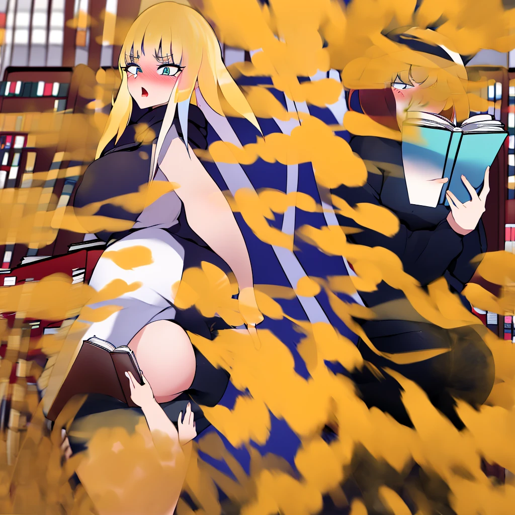 ((best quality)), ((highly detailed)), absurdres, (detailed eyes, deep eyes), (1girl), dynamic pose, very long hair, large , surprised, blushing, hoodie, black pants, reading a book, showing butt tower, (indoors, at a library, book shelves), bbcchan