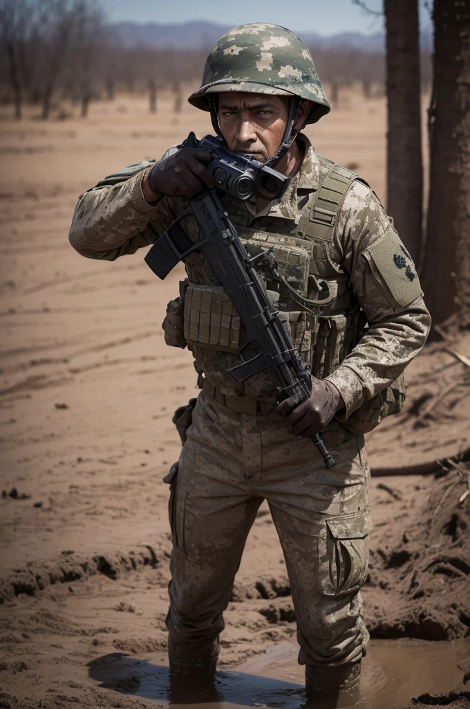 Photograph of a man at war, rusa, afraid face, uniform covered in mud and with a gun