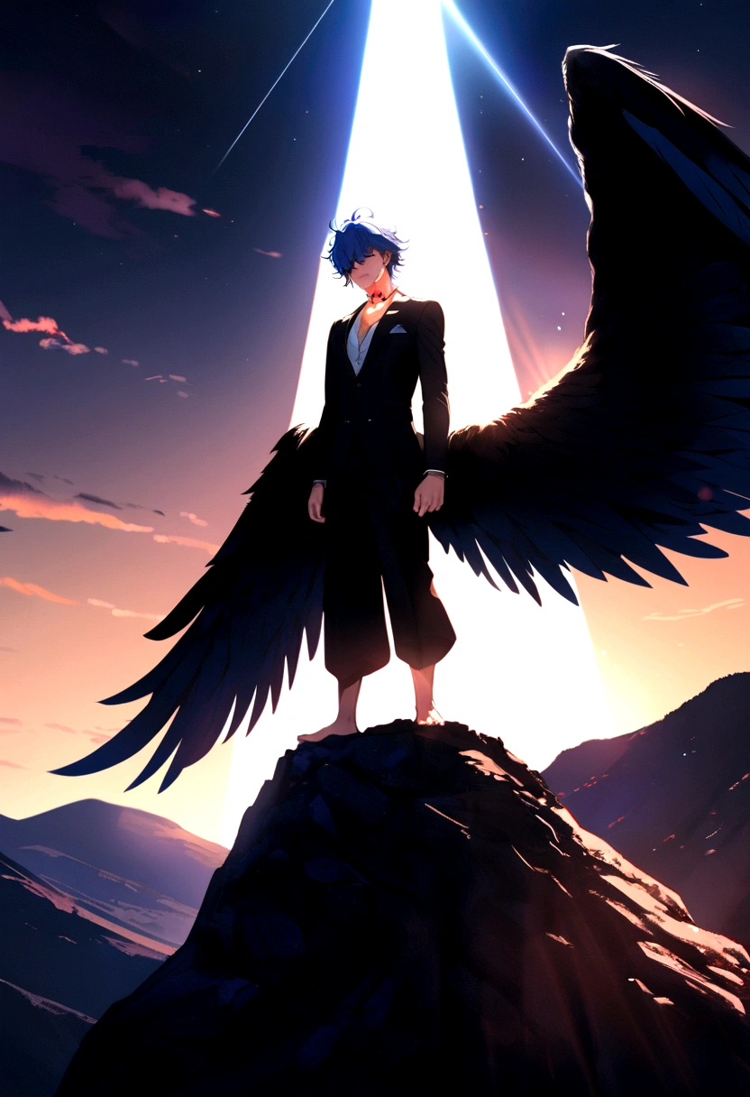 Angel male with 30 years old with ancient alphabet tattoos on his neck, fingernails painted black and red eyes, huge black wings, wearing a black suit and barefoot, on top of a mountain, sparkling eyes, blue hair, messy hair, hair over eyes, Hyperrealism, god rays, cinematic lighting, backlighting, anime style, UHD, anatomically correct, highres.