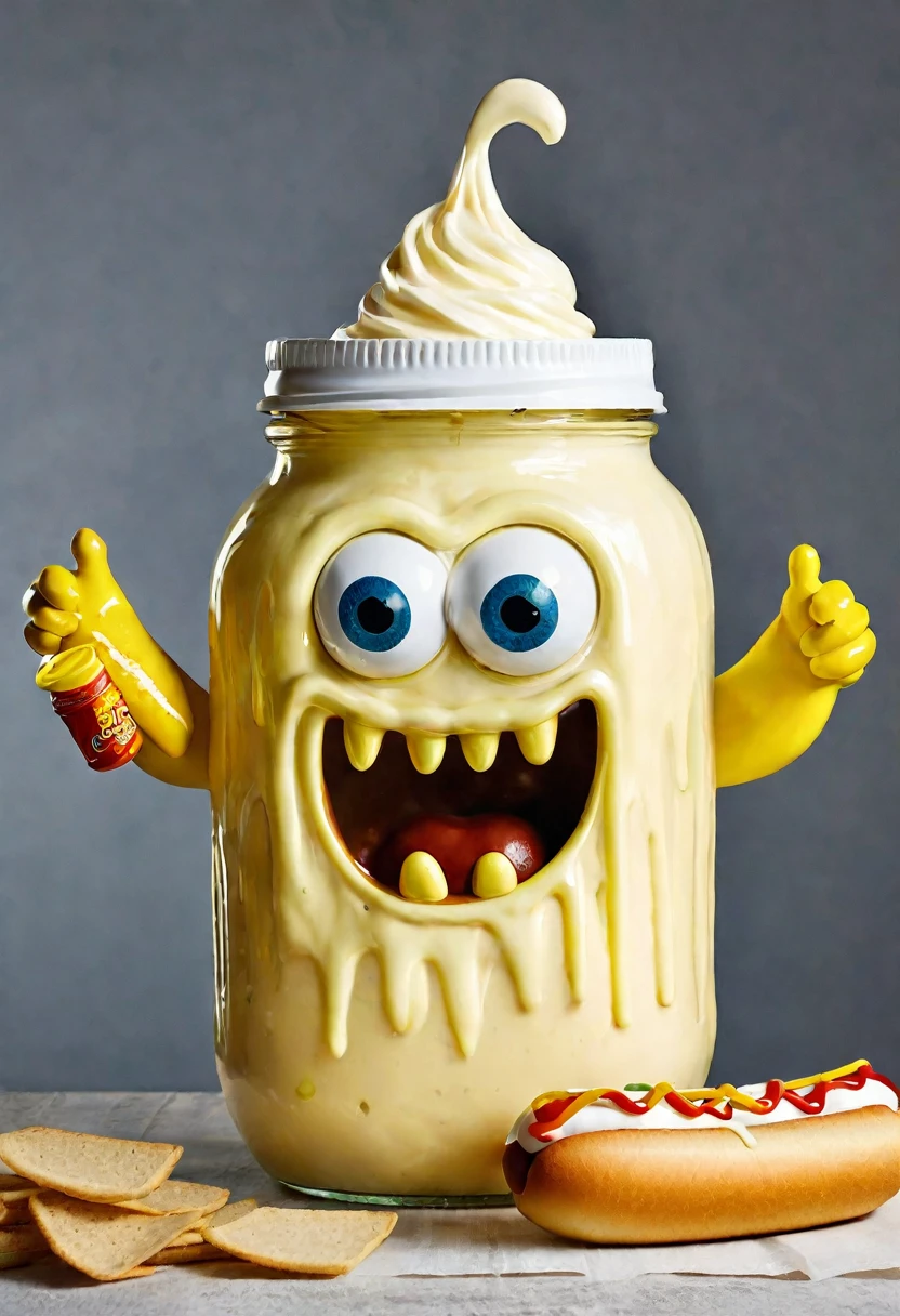 A shaped monster in the shape of a mayonnaise jar, holding a hot dog, this monster has a scary appearance.