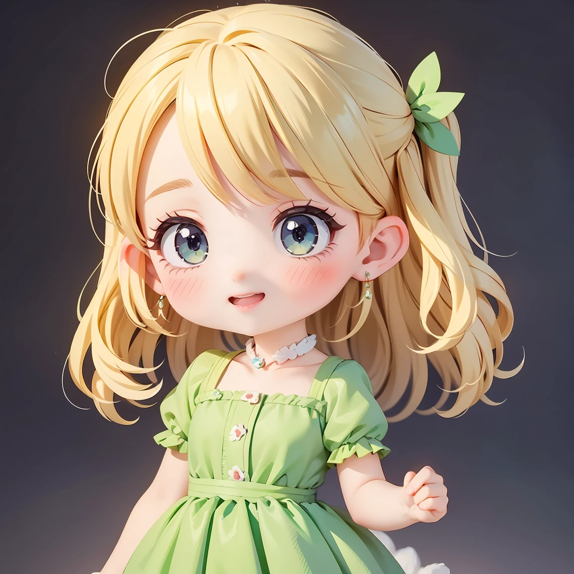  Super Chibi Character：1.8、Wearing cute shoes、background：simple、Blonde Hair、Cute 7 year old girl、Green Cinderella Dress、Excited face