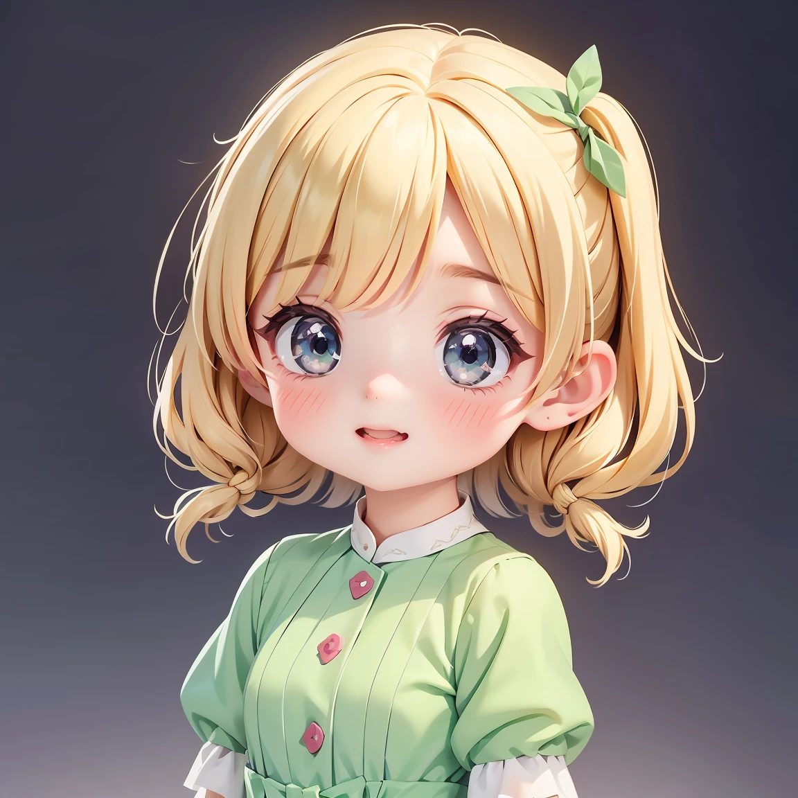  Super Chibi Character：1.8、Wearing cute shoes、background：simple、Blonde Hair、Cute 7 year old girl、Green Cinderella Dress、Excited face