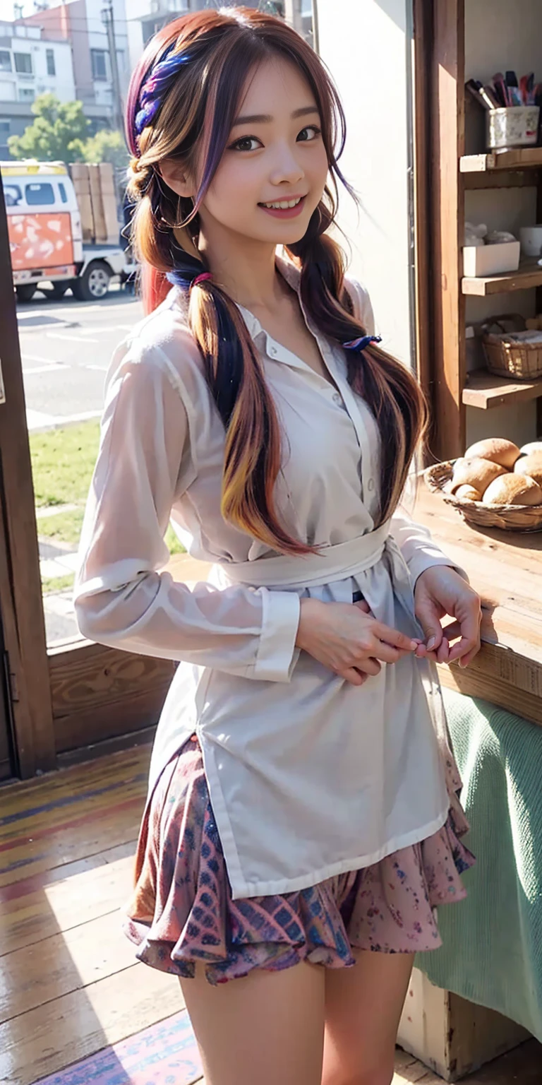 ((holding a large loaf of bread))、
 girl、
Day本アイドル、

Cute Smile、
Lewd smile、　
Panting face、Pant voice、
Fluid organization:1.6), One beautiful girl with really wild hair, (Colorful wavy hair:1.2),( Two long braids:1.2), (Long wild hair:1.2), (Multicolored Hair: 1.9),Cute smile
Bakery Sales Staff、

Angle from directly below、
Low - Angle、スーパーLow - Angle、
apron、
blouse(See-through)、
はだけるblouse、
My shirt is open、
Open shirt、
hot pants、
ピンク色のhot pants、I can see a little underwear、Thighs、Butt、Beautiful buttocks、
I'm cleaning、
I'm wiping the floor.、Wipe the floor with a rag、
Bend over to clean、




clear、serious
Bakery Cafe、bread
Bakery clerk、Day本アイドル、

(masterpiece), (Highest quality:1.4), Absurd, [:Intricate details:0.2],  (View your viewers:1.2), Day,  reflection、
Reddish hair，Golden Student，enjoy，Moist，肉感Thighs，Slim figure，Moist, Glowing pink skin，transparent，Mature Woman，Affectionate expressions，情熱的に取り組んでいます

Day本アイドル