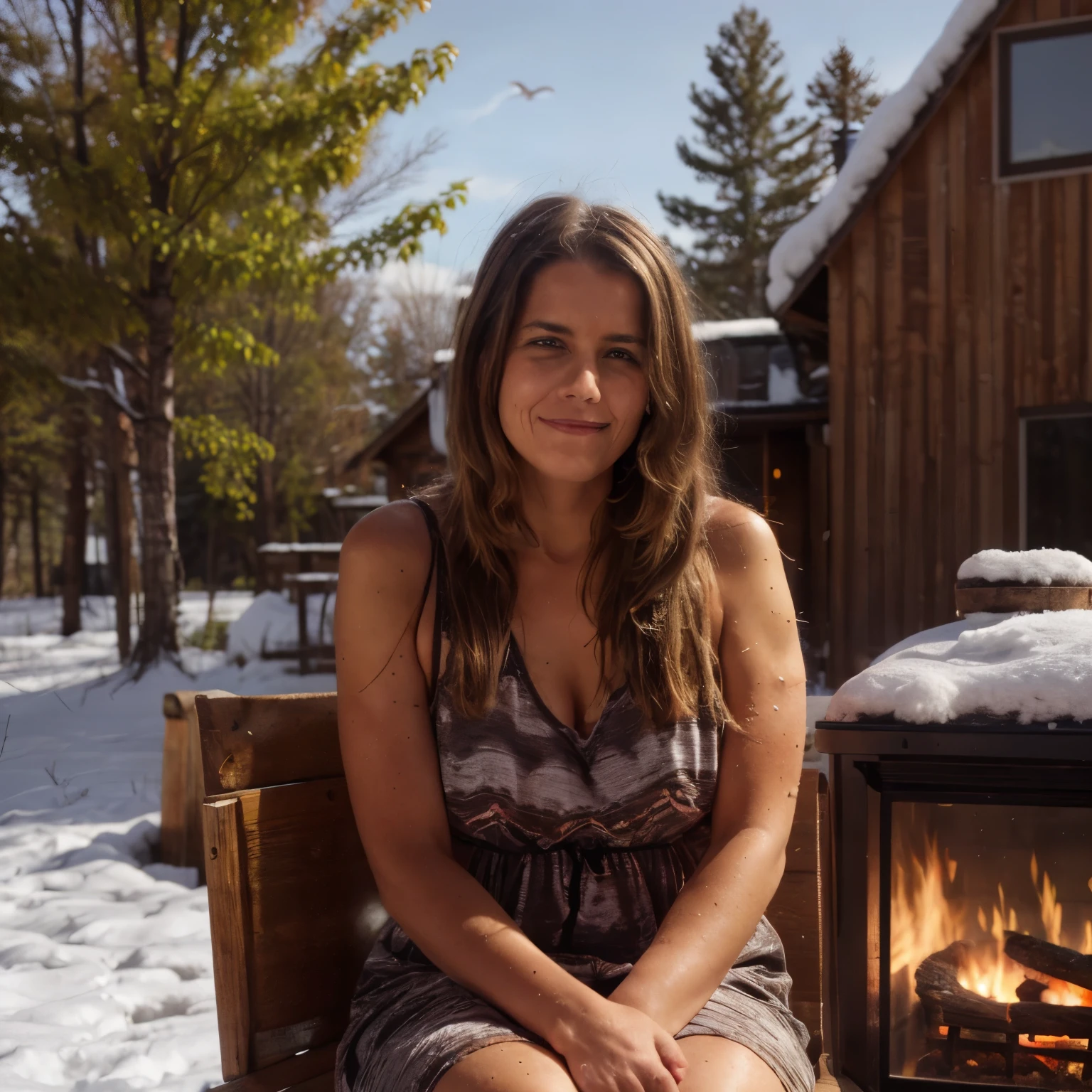 Winter Scene
In the heart of winter, inside a wikwam adorned with mishoon (birchbark) and waabigwani (cedar) ropes, a happy, slightly smiling woman sits beside a crackling mookomaan (fireplace). She wears a wiigwaas midekwe (birchbark dress) decorated with intricate ziibaaska'iganan (quillwork) in hues of waabigwanizh (cedar green) and giizhik (red ochre). Her hair is styled with mikinaak (red fox) fur and adorned with migizi (eagle) feathers. Outside, the snowy Canadian flatlands stretch under a manidoominikak (spirit moon), casting a serene glow over the biitigwewin (snow-covered ground) dotted with migiziwazisigan (eagle tracks) and mashkode-bizhikiwag (buffalo). The tipi's interior is lit with warm hues of mishoomis giizis (grandfather sun) reflecting off mitig (cedar) poles, while mashkodewashk (red willow) baskets and gagiiganaan (clay pots) hold provisions gathered from the nimkii (woods).