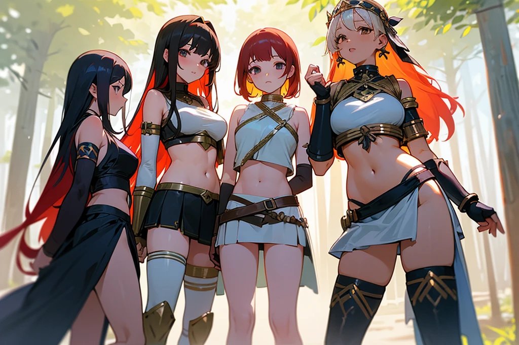 young greek warriors girls in togas , only girls , forest in the background ,four girls, sandals , close to the viewer,, sexy , multiple girls ,exposed belly, curves , black hair , blonde hair , red hair , white hair , light armor , knee pads, elbow pads,