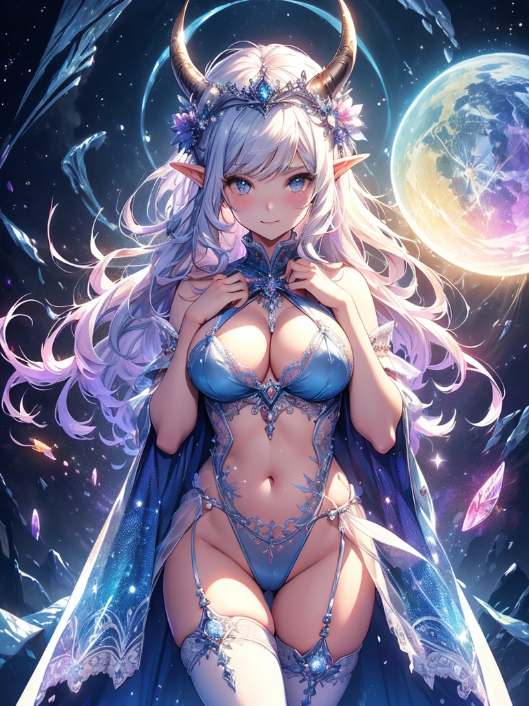 最high quality、最high quality、1 woman elf、Succubus、(( cowboy shot ))((full body stocking))'((see-through body stocking))、Beautiful eyes、tears、Raise your arms behind your head、Beautiful decoration、、Ice tiara、、A world made of ice、最high quality , Fractal Art.Ice Throne、ice World、Bikini、beautiful big ass、　((Laugh beautifully、))((Glowing ice　))SMqueen、Beautiful face、orgasm、Ecstasy、Beautifully decorated stockings、Devil's World、Ice crystals、Crystal of snow、Ice wall、ice World、Bigger on the front、 Beautiful shine,High-definition depiction, Realistic, 8K, Unity, Beautiful thighs,,Giant Devil's Wings、Rainbow-colored wings、、 light smile, Beautifully and vividly drawn, , beautiful beautiful透き通る肌、The magic of shining beautiful decoration、Giant horns、 demon king、、Beautiful decorationの角、 , beautiful、 Romanticism,mosquito。 The most beautiful form of chaos, Mr..々 Intertwined flowers, P article,Magical gentle light,smile,,image quality、masterpiece、Beautiful face、Super beautiful elf woman((Big breasted 22 year old office lady、Bust 120,Beautiful long ironed hair、Silver Hair、height: 165cm。、Esbian、、high quality、、Visual Arts、最high quality、1 woman elf NP: Worst quality ,beautiful Fractal Art　、、、light、Beautiful radiance,High-definition depiction, Realistic, 8K, Unity, , light smile, Beautifully and vividly drawn, , Beautiful, beautiful, clear skin、 Countless rays of light pouring down, Swirling Light, big background, , Intense light is emitted from the magic circle in front of the girl. Romanticism,Cowboy Shot: 最high quality　　