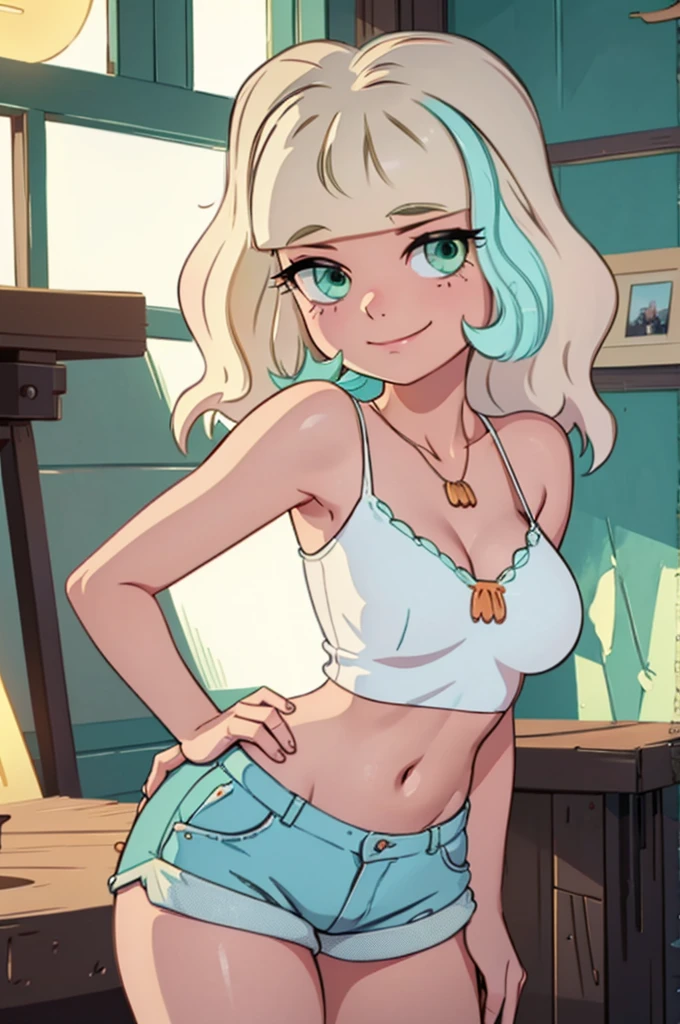 Close-up shot of Jackie Lynn Thomas wearing a white top and aquamarine shorts, blonde hair with aquamarine strand, green eyes, posing on the back (rear, from the rear, top-down angle) with counterpart (body shot whole, arm posing on hip, big hips, dark skin, wide hips, big breasts). Tight clothing, dynamic pose, looking at the camera. Flirtatious look, natural light, high detail. Soft lighting inside a cozy cottagecore cabin with neon lights, intricate details, and warm architectural shots. Jackie's porcelain skin glows under bokeh effect, expressive eyes shine with playful smile, seductive charm exudes from vintage fashion style. Masterpiece, beautiful breasts, best quality, extremely detailed, unified 8k CG wallpaper, high definition RAW color photos.