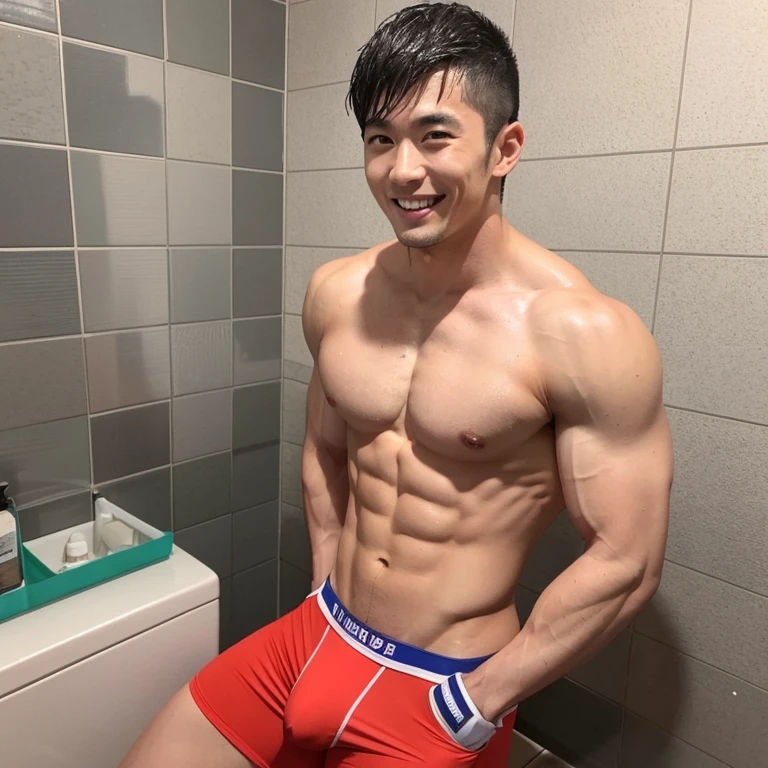 Japanese men、Significantly enlarged and toned muscles、While showing off some very risqué and brightly colored boxer briefs、In a small shower room、Guts pose、The whole body is visible、Shaved head、Sitting upright、Open your mouth and smile widely