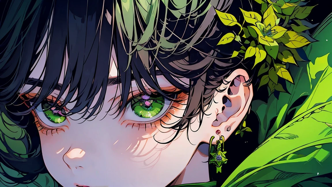 (masterpiece), (Highest quality), Very detailed, 1 boy, Solo Shooting, Perfect Face, Beautiful Face, Very detailed顔，Droopy eyes、Beautiful eyelashes、8K.Black Short Hair:1.3)，(Big eyes:1.4)，(Long eyelashes:1.4)、(Green Eyes:1.3)、Lots of flowers