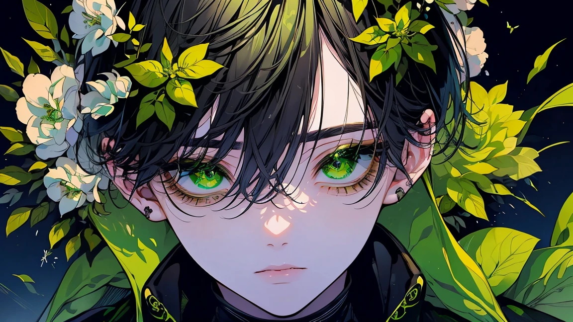 (masterpiece), (Highest quality), Very detailed, 1 boy, Solo Shooting, Perfect Face, Beautiful Face, Very detailed顔，Droopy eyes、Beautiful eyelashes、8K.Black Short Hair:1.3)，(Big eyes:1.4)，(Long eyelashes:1.4)、(Green Eyes:1.3)、Lots of flowers