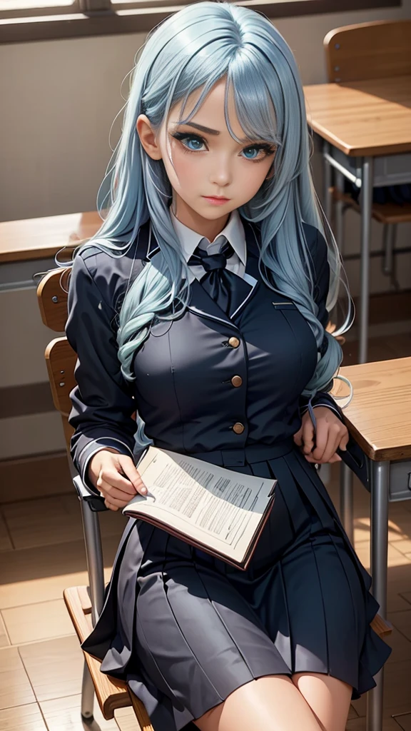 1girl, long light blue hair, dark blue, sit in class, black school modern uniform, anime