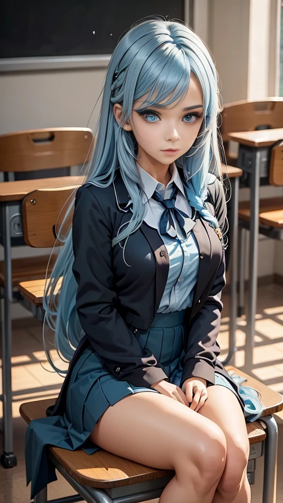 1girl, long light blue hair, dark blue, sit in class, black school modern uniform, anime
