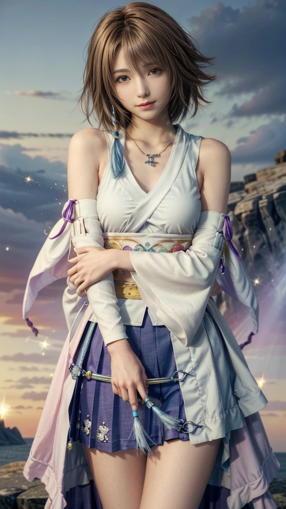 (masterpiece, Highest quality:1.3)
Yuna FF10,  One girl, alone, View your viewers, smile, short hair, blue eyes, skirt, Brown Hair, hair ornaments, jewelry, underwear, Green Eyes, smile, Are standing, Upper Body, Removable sleeves, kimono, good, Heterochromia iridis, In the same way, In the same way skirt, blue In the same way, purple In the same way, Yuna (ff10)