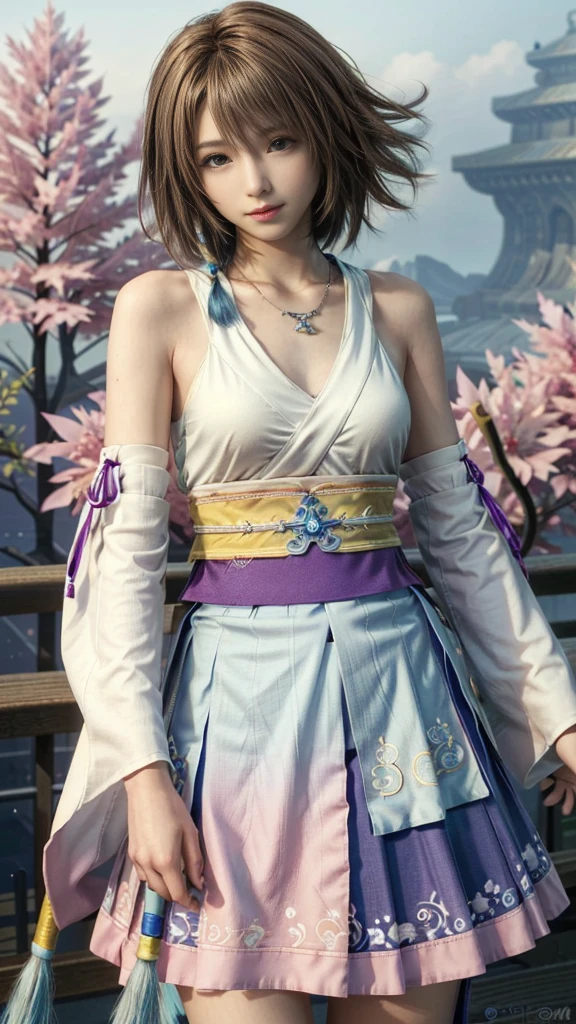 (masterpiece, Highest quality:1.3)
Yuna FF10,  One girl, alone, View your viewers, smile, short hair, blue eyes, skirt, Brown Hair, hair ornaments, jewelry, underwear, Green Eyes, smile, Are standing, Upper Body, Removable sleeves, kimono, good, Heterochromia iridis, In the same way, In the same way skirt, blue In the same way, purple In the same way, Yuna (ff10)