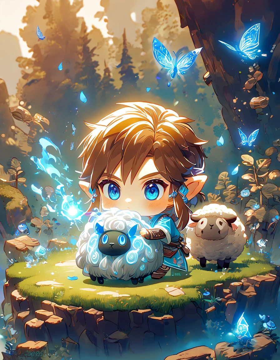 absurdres, highres, ultra detailed, HDR, master piece, best quality, extremely detailed, Link chibi, brown hair, expressive blue eyes, The Legend Of Zelda Breath Of The Wild, boy hugging a sheep, cute, small, blue tunic, magical, fantasy, magic, blue fire, forest, glittering, blue butterflies, blue petals, blue flowers